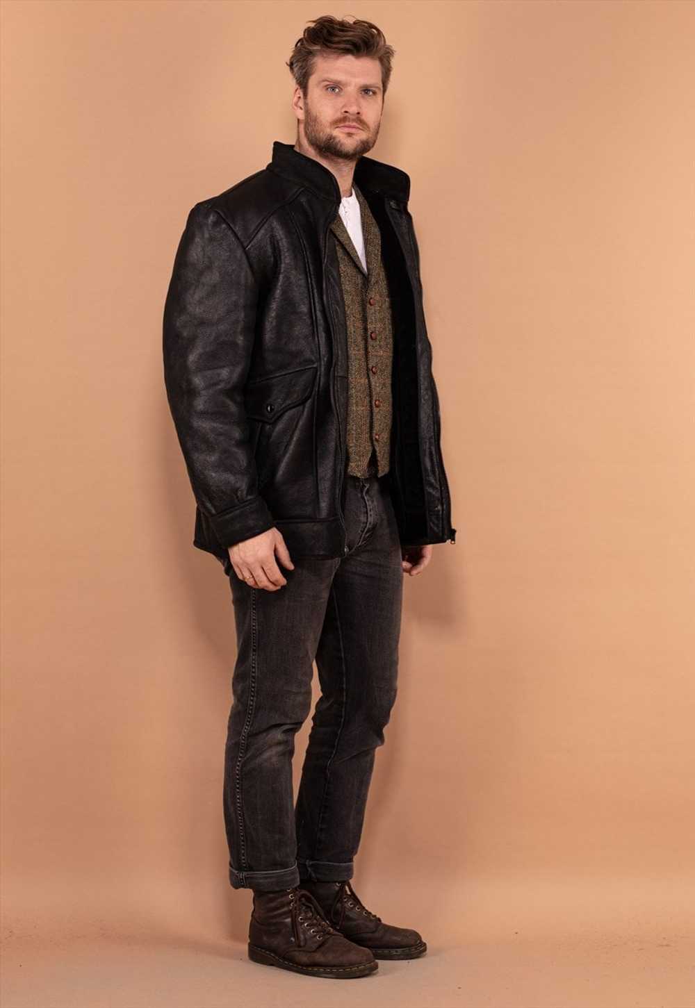 Vintage 90's Men Sheepskin Leather Coat in Black - image 2