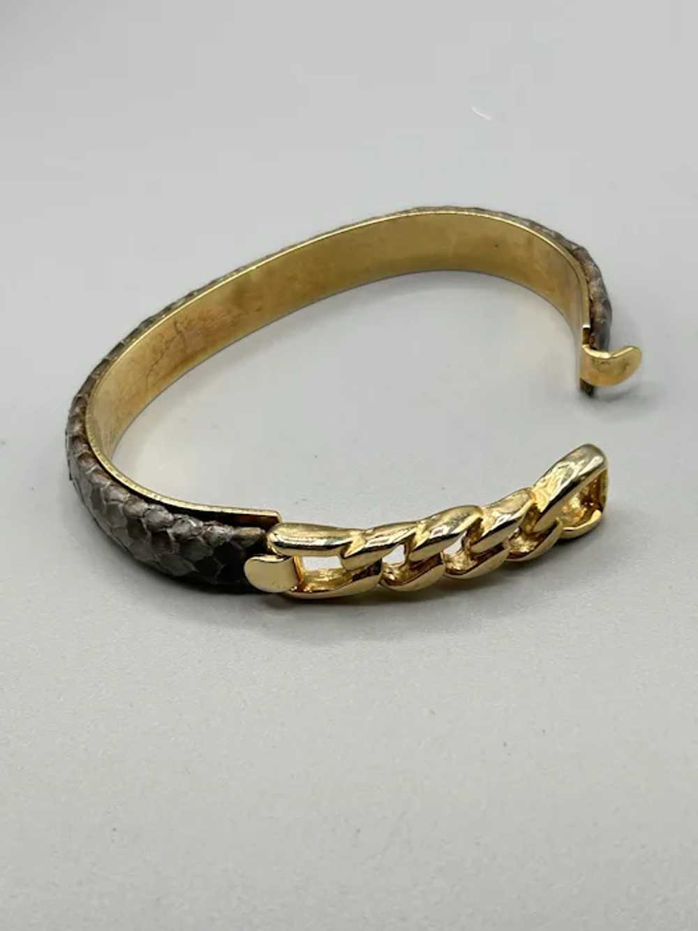 Vintage Gray Snakeskin Bracelet 1980s 1990s Gold … - image 5