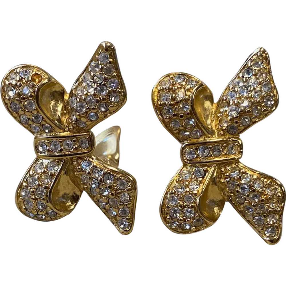 Vintage Monet Gold Tone Crystal Studded Bow Clip … - image 1