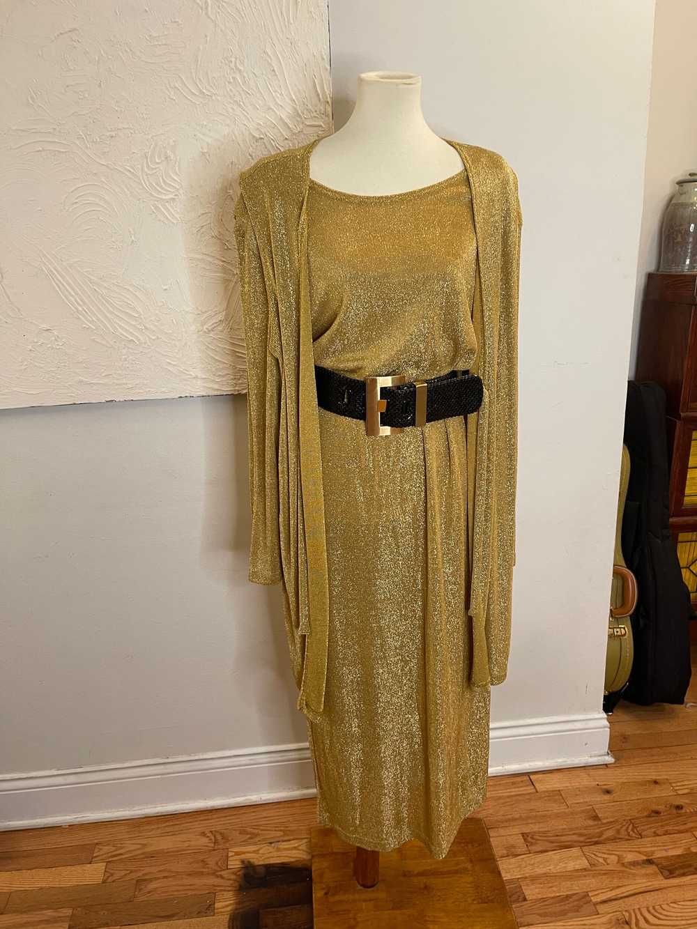 80s gold metallic knit dress - image 4