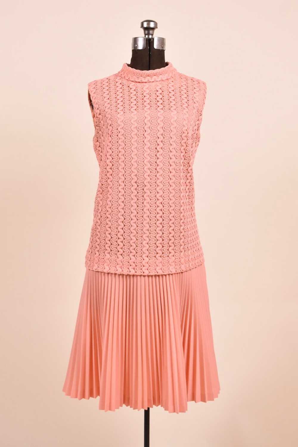 70s Neon Peach Squiggle Lace Dress with Pleated S… - image 1