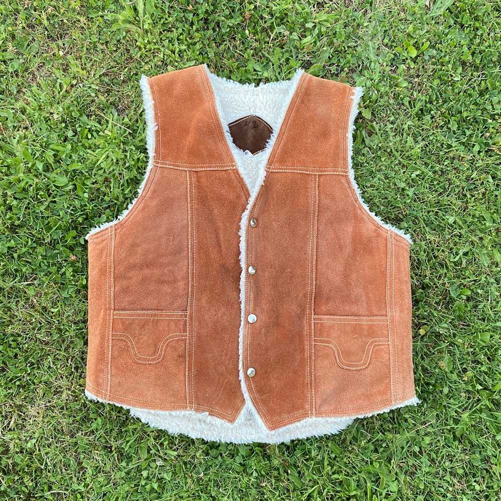Vintage Real Brown Leather Sherpa Western Vest - image 1