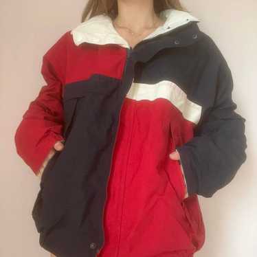 90s Nautica Jacket Built In Hood Spell out Jacket - BIDSTITCH