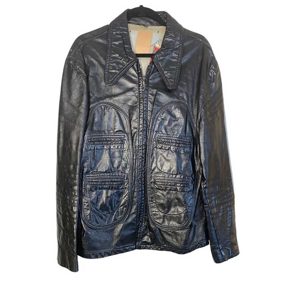 Vintage 1970s Leather Jacket Wide Lapel French - image 1