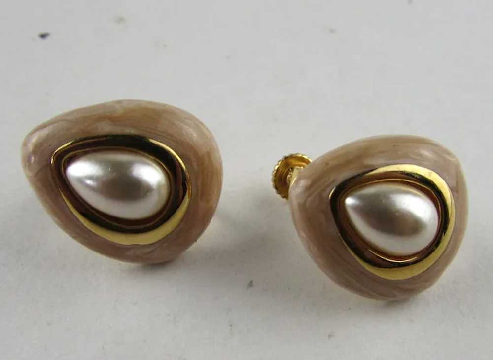 Napier Gold Tone Clip On Earrings With Faux Pearl - image 11