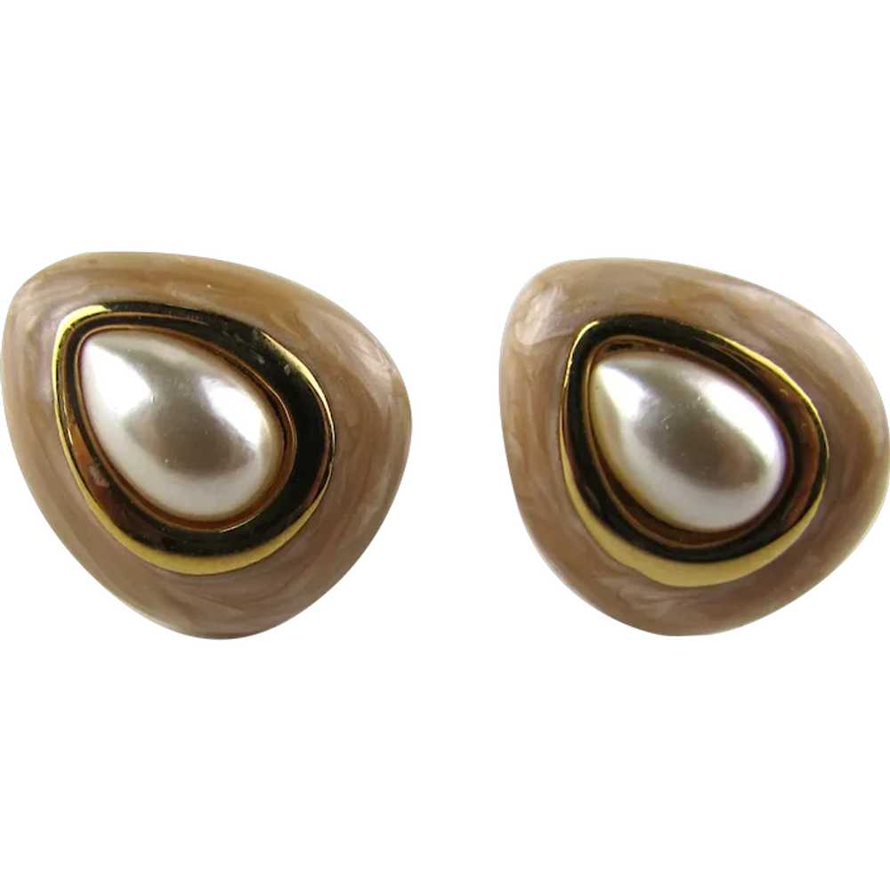 Napier Gold Tone Clip On Earrings With Faux Pearl - image 1