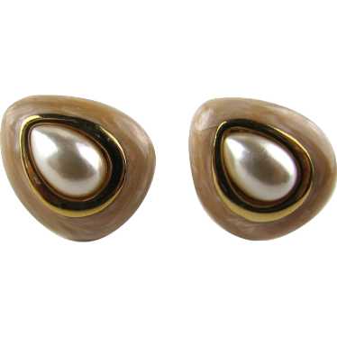 Napier Gold Tone Clip On Earrings With Faux Pearl - image 1