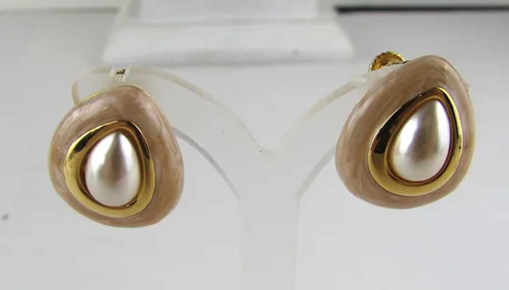 Napier Gold Tone Clip On Earrings With Faux Pearl - image 2