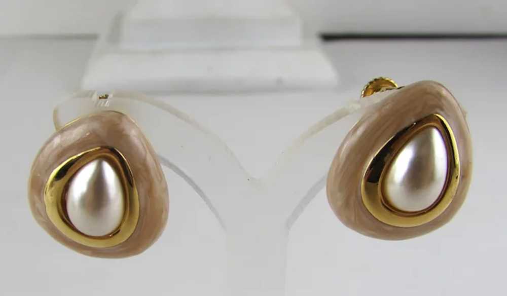 Napier Gold Tone Clip On Earrings With Faux Pearl - image 4