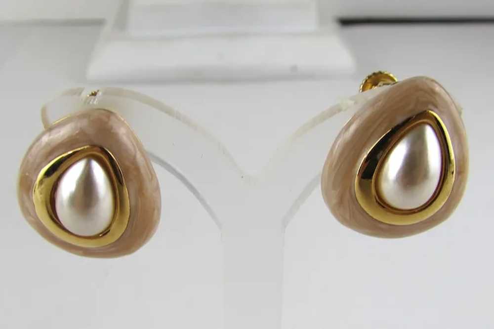 Napier Gold Tone Clip On Earrings With Faux Pearl - image 7