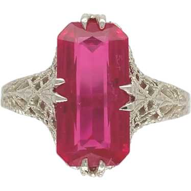 Deco 14K Filigree Synthetic Ruby Ring - image 1