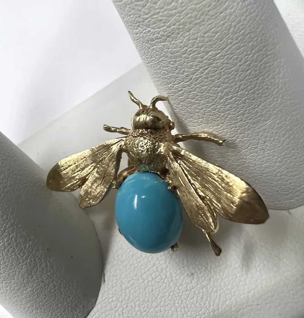 14k Yellow Gold Turquoise Bee Brooch - image 10