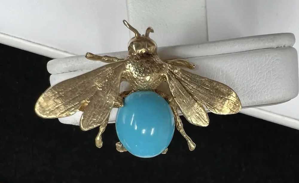 14k Yellow Gold Turquoise Bee Brooch - image 11