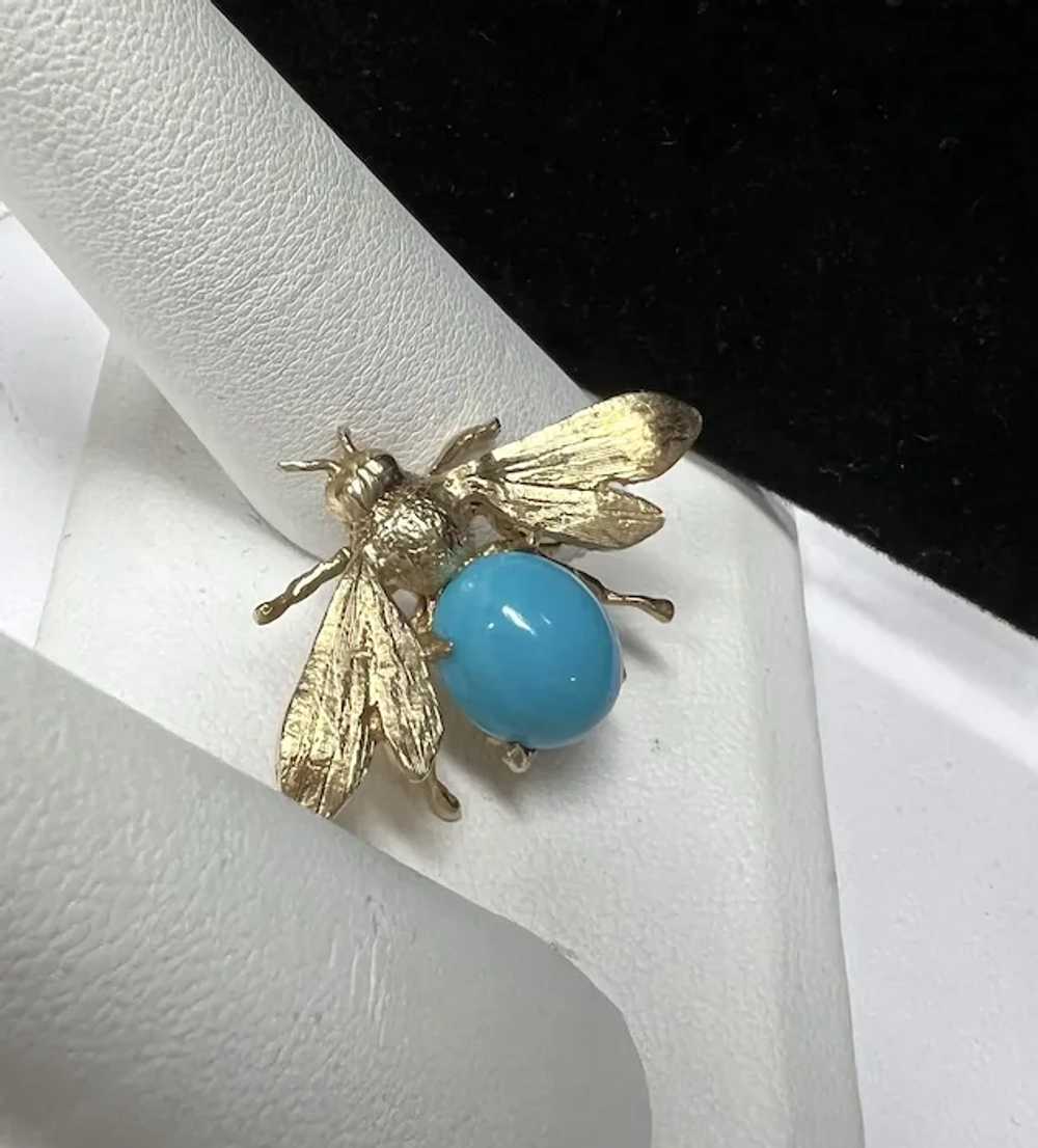 14k Yellow Gold Turquoise Bee Brooch - image 12