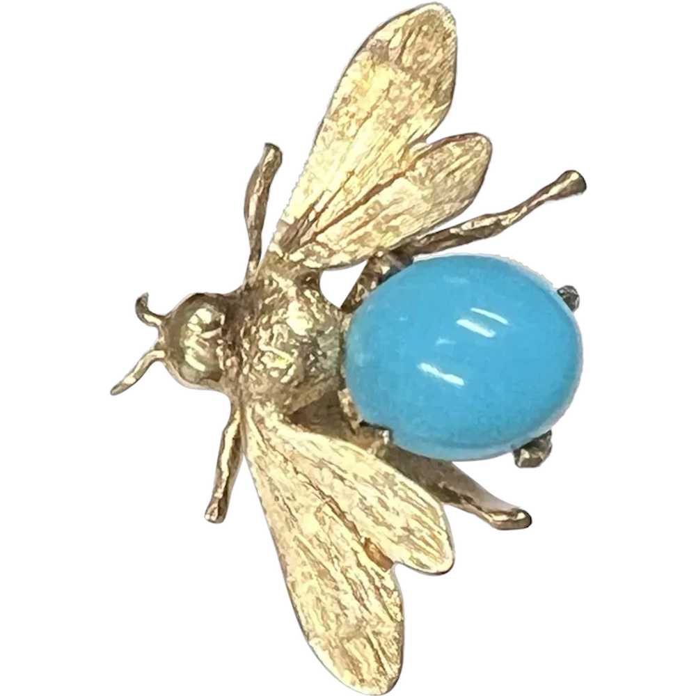 14k Yellow Gold Turquoise Bee Brooch - image 1