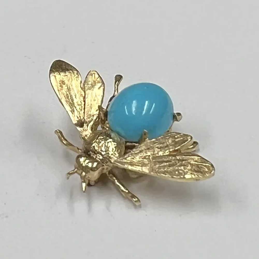 14k Yellow Gold Turquoise Bee Brooch - image 3