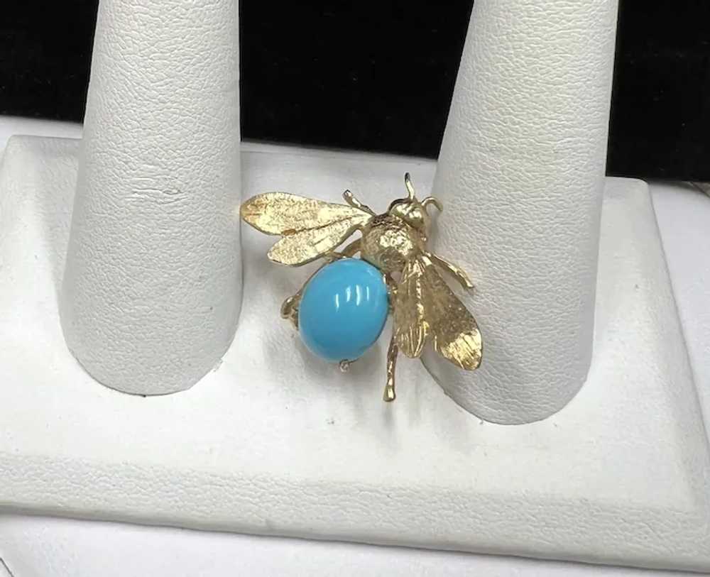 14k Yellow Gold Turquoise Bee Brooch - image 4