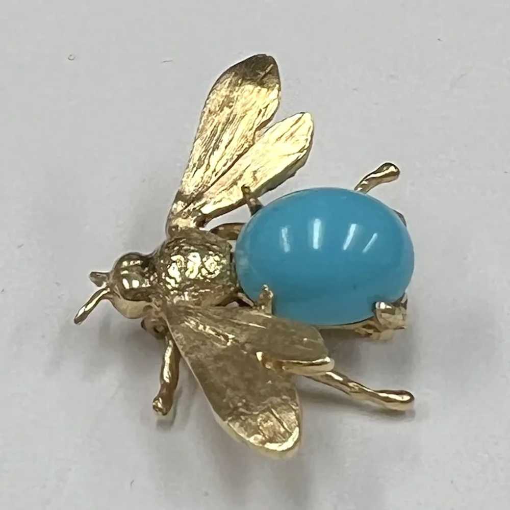 14k Yellow Gold Turquoise Bee Brooch - image 5