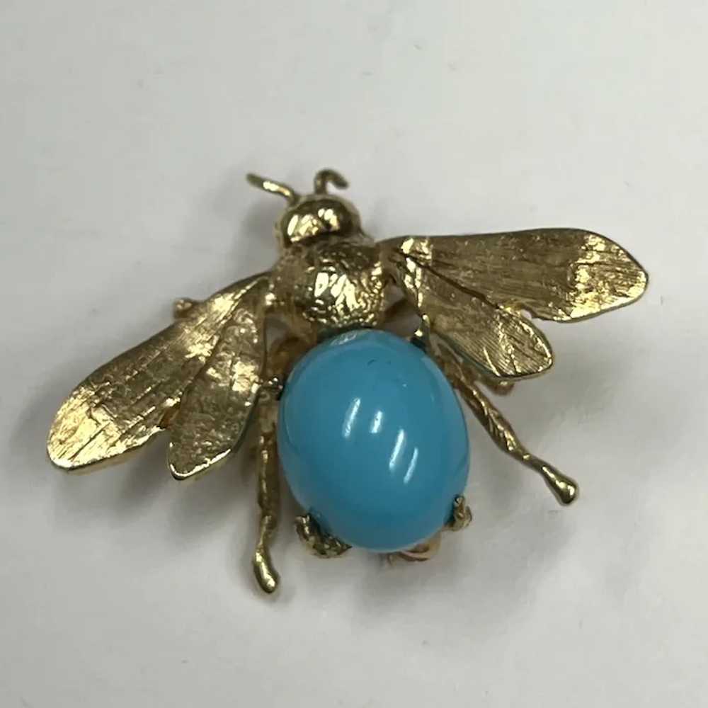 14k Yellow Gold Turquoise Bee Brooch - image 6