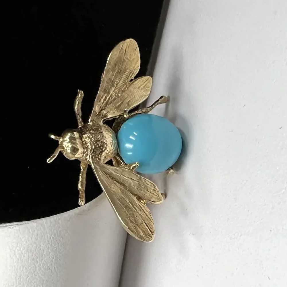 14k Yellow Gold Turquoise Bee Brooch - image 7