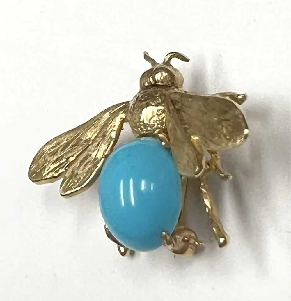 14k Yellow Gold Turquoise Bee Brooch - image 8