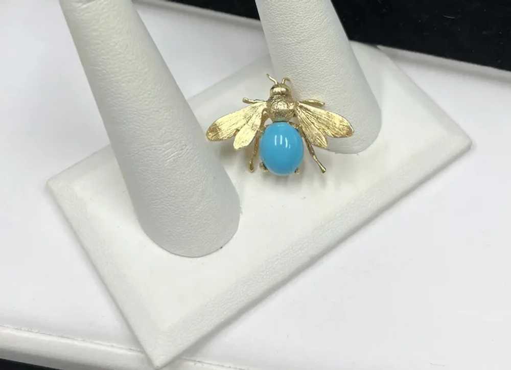 14k Yellow Gold Turquoise Bee Brooch - image 9