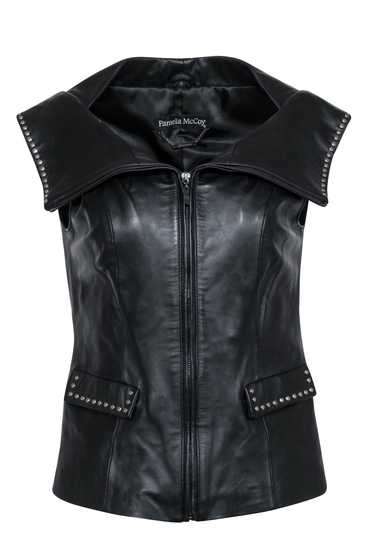 Pamela McCoy - Black Leather Studded Trim Vest Sz 