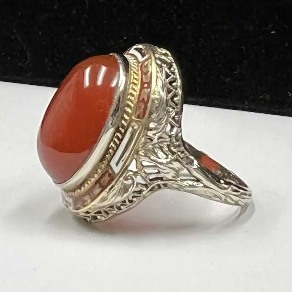 14k White Gold Art Deco Carnelian Enamel Ring - image 2
