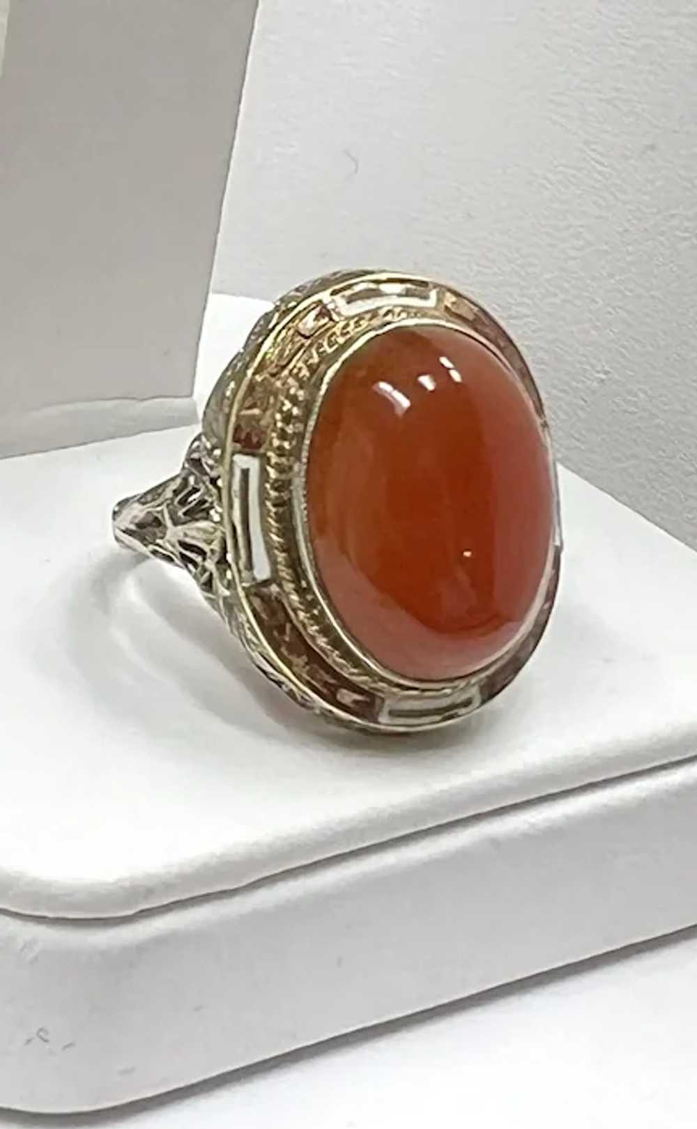 14k White Gold Art Deco Carnelian Enamel Ring - image 3