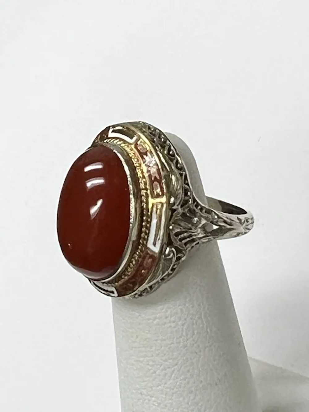 14k White Gold Art Deco Carnelian Enamel Ring - image 4