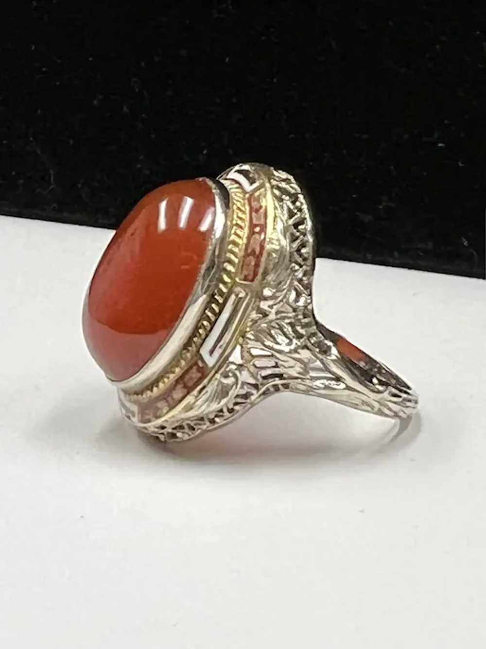 14k White Gold Art Deco Carnelian Enamel Ring - image 6
