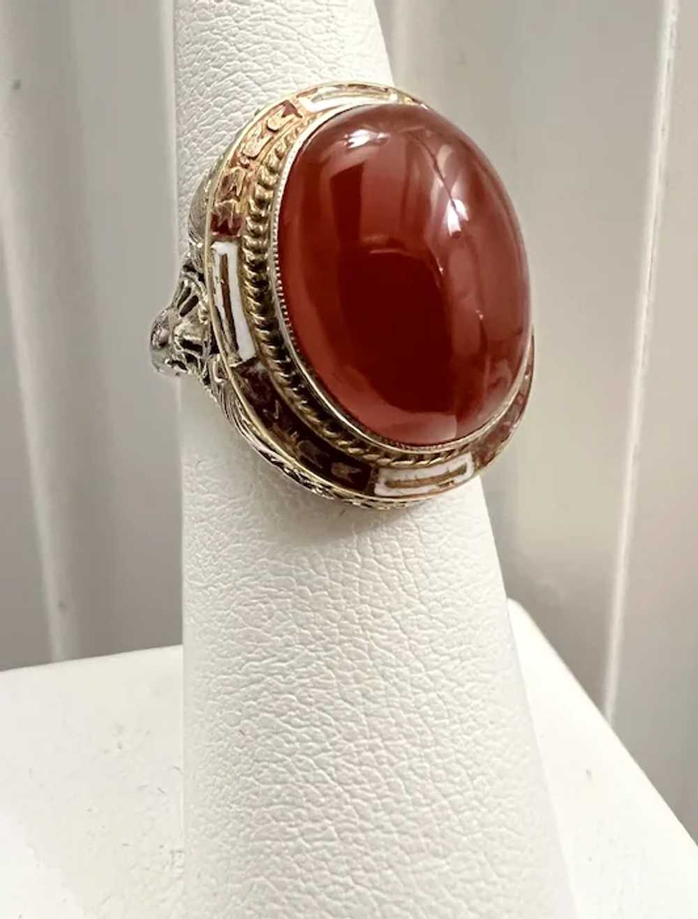 14k White Gold Art Deco Carnelian Enamel Ring - image 7