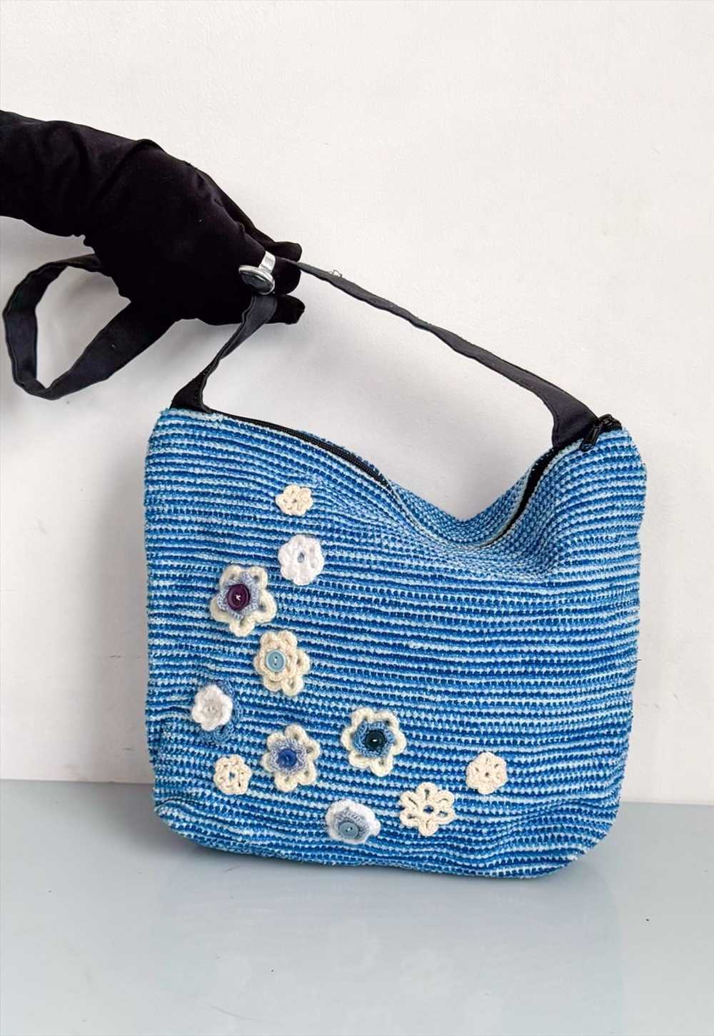 Vintage Y2K cute floral knit bag in blue tones & … - image 1