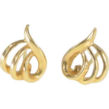 14K Swirl Loop Vintage Curved Stud Earrings Yellow