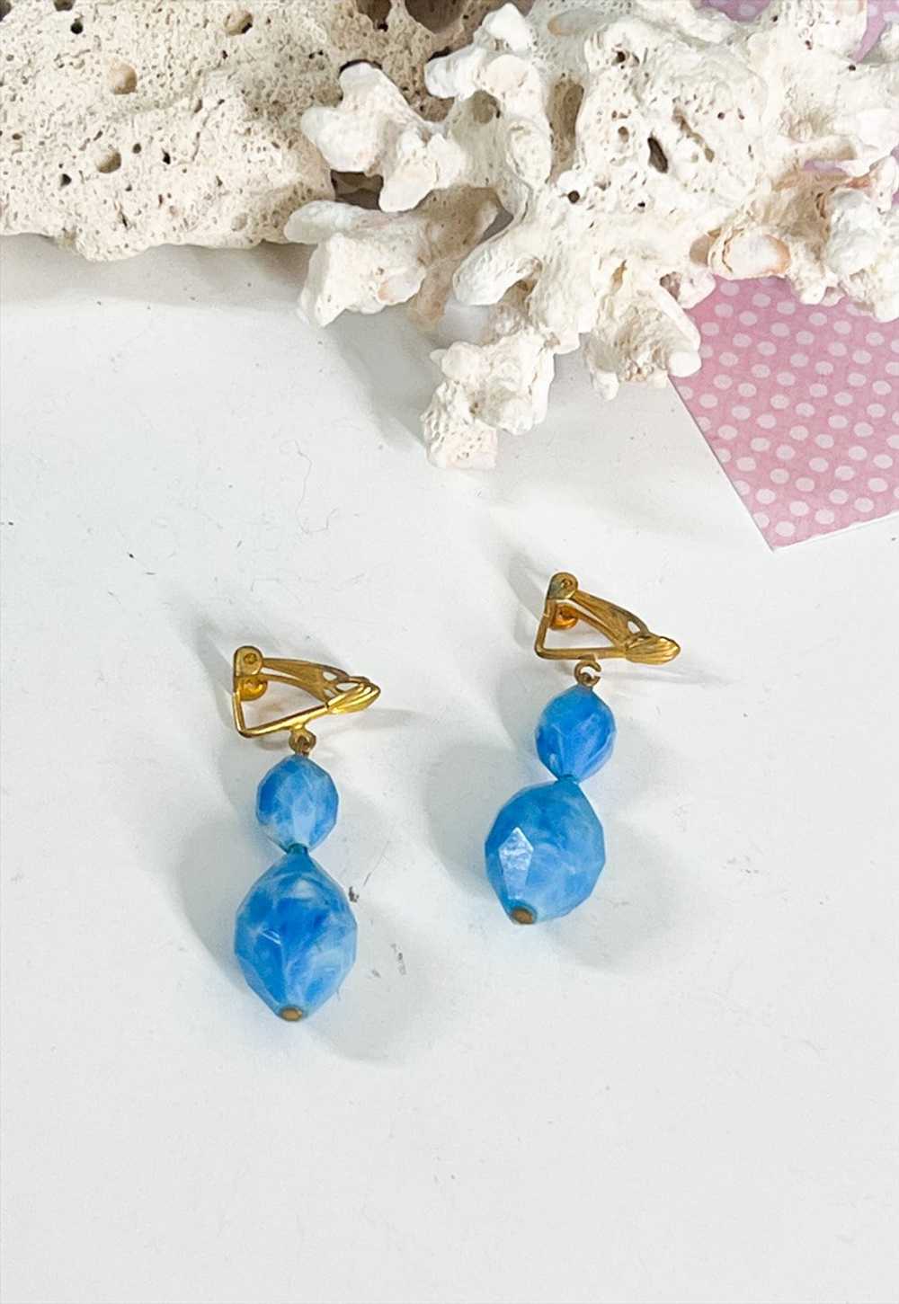 Boho Rose 1970's Blue Stone Drop Clip On Earrings - image 3