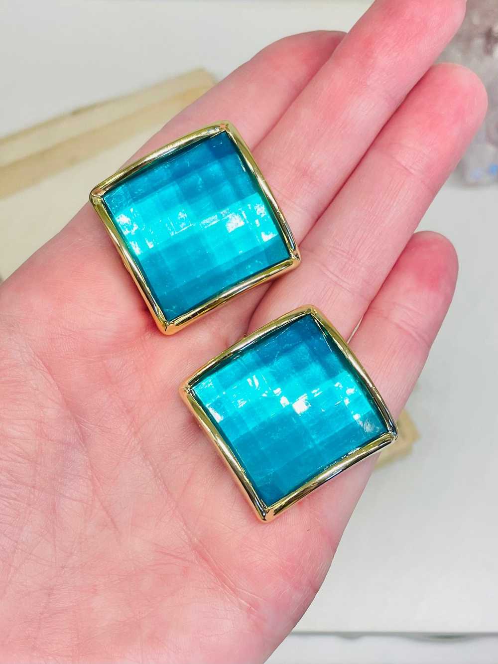 1980s Aqua Square Large Stud Pierced Earrings - image 3