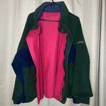 Vintage 90s Nautica Sport Reversible Fleece Jacket Hooded Mens Size S