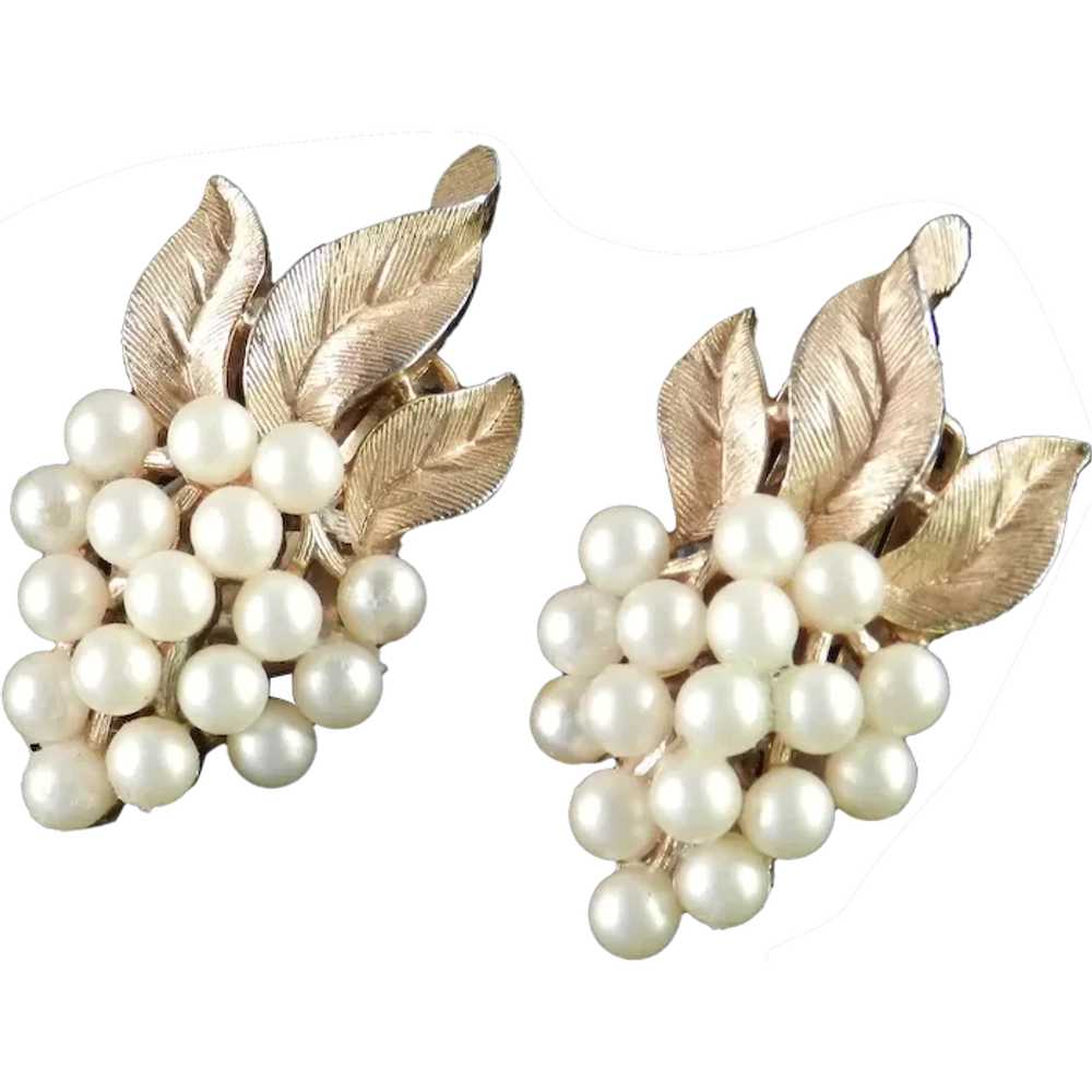 Trifari Faux Pearl Grape Cluster Earrings - image 1