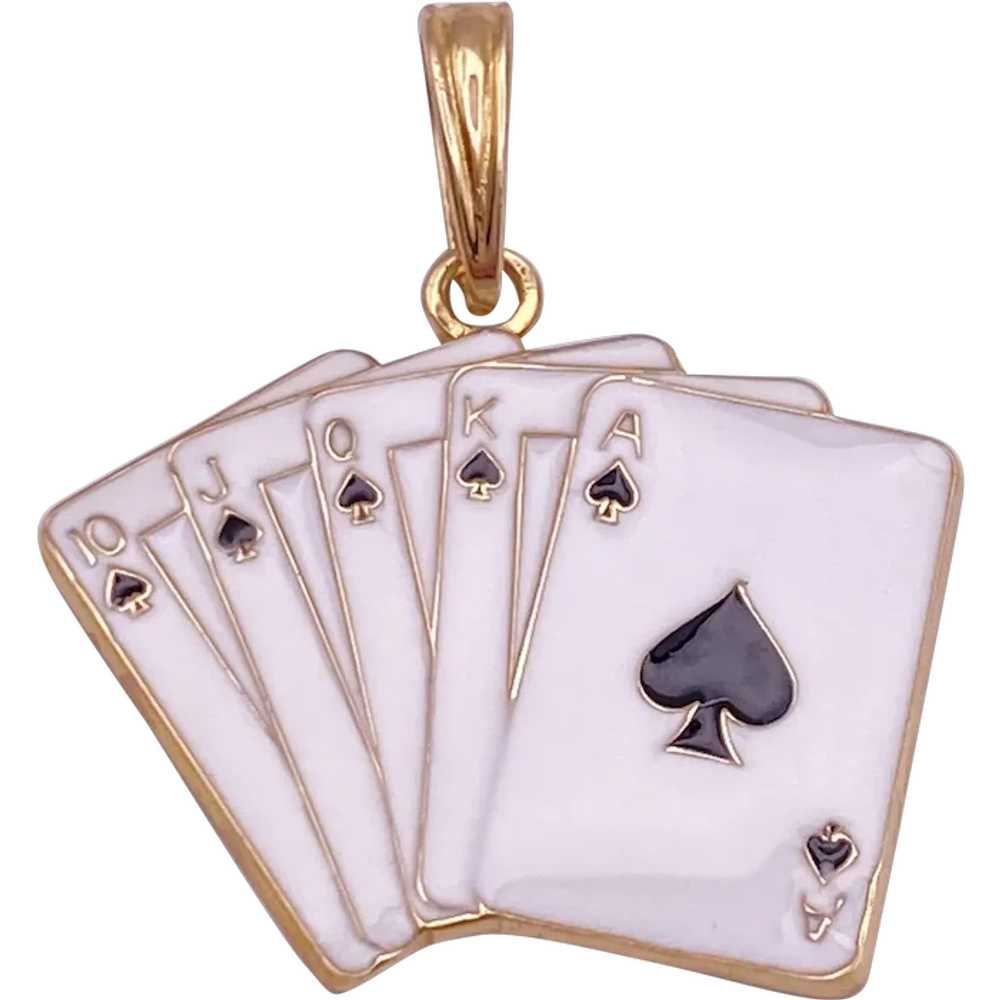 Royal Flush Vintage Gambling Charm 14K Gold Ename… - image 1