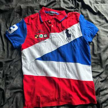 Polo Ralph Lauren Polo Shirt Striped White Blue Large Red Logo Custom Fit  Cotton