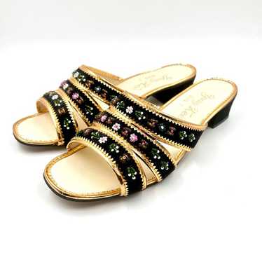 1970’s Black Floral Beaded Sandals - image 1