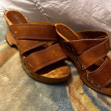 Vintage 90s Candies Womens Wood Clogs Leather Hippie Boho Shoes Brown 8  Platform