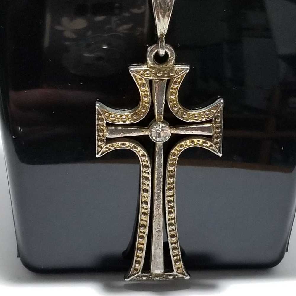 Vintage golden cross Pendant on a Silvertone chain - image 1