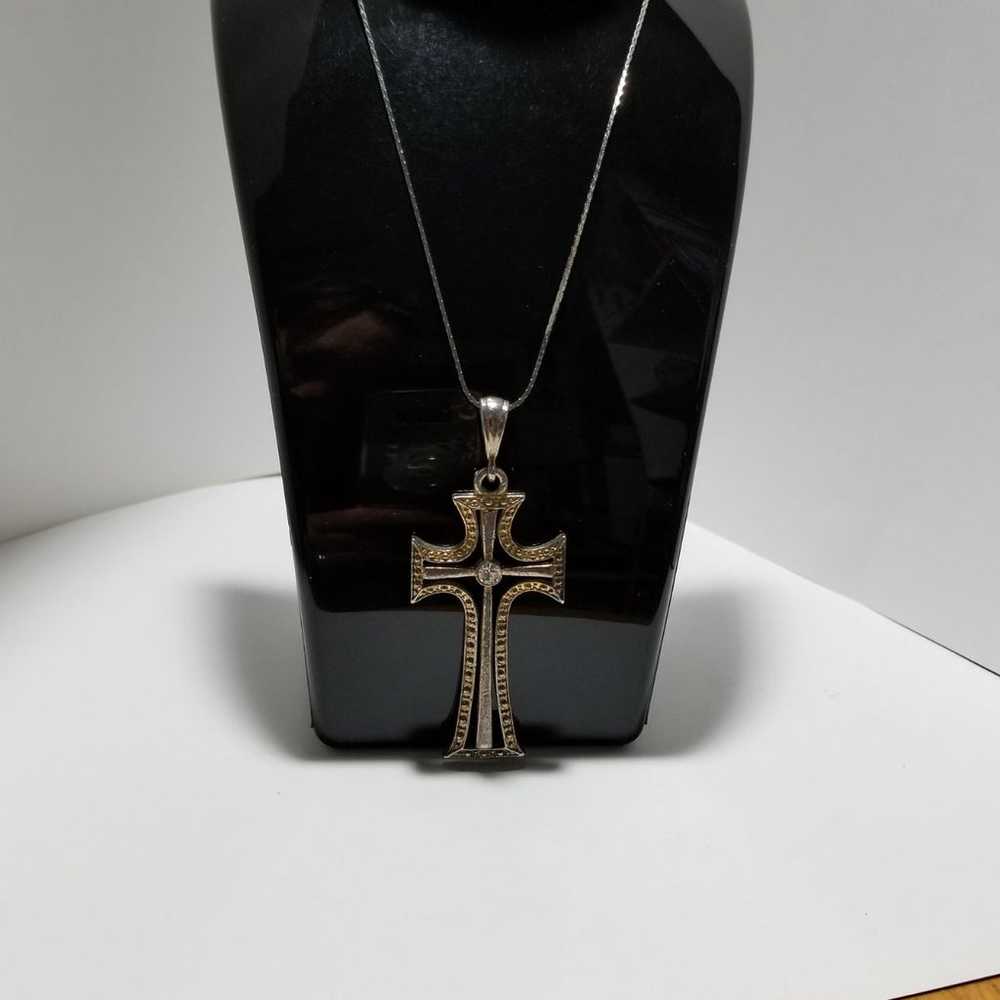 Vintage golden cross Pendant on a Silvertone chain - image 2