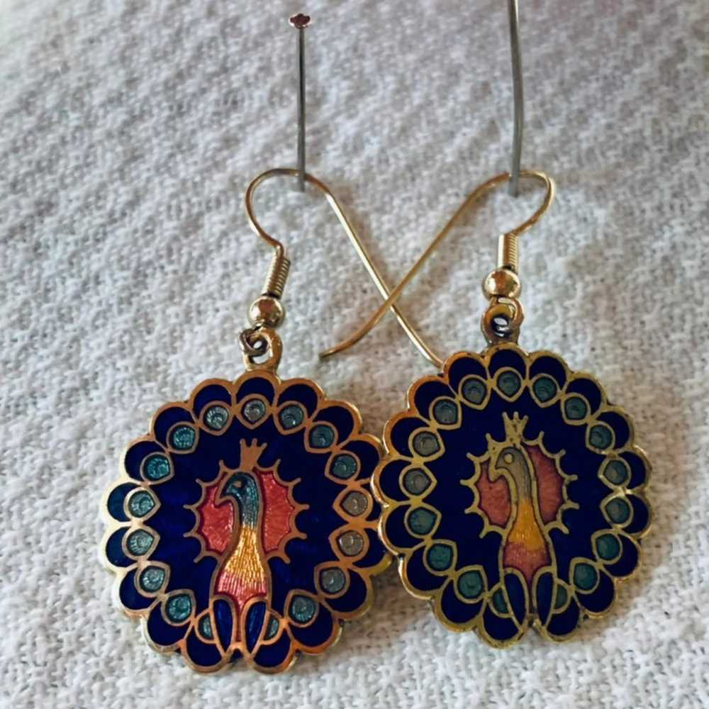 Vintage enamel peacock earrings - image 1
