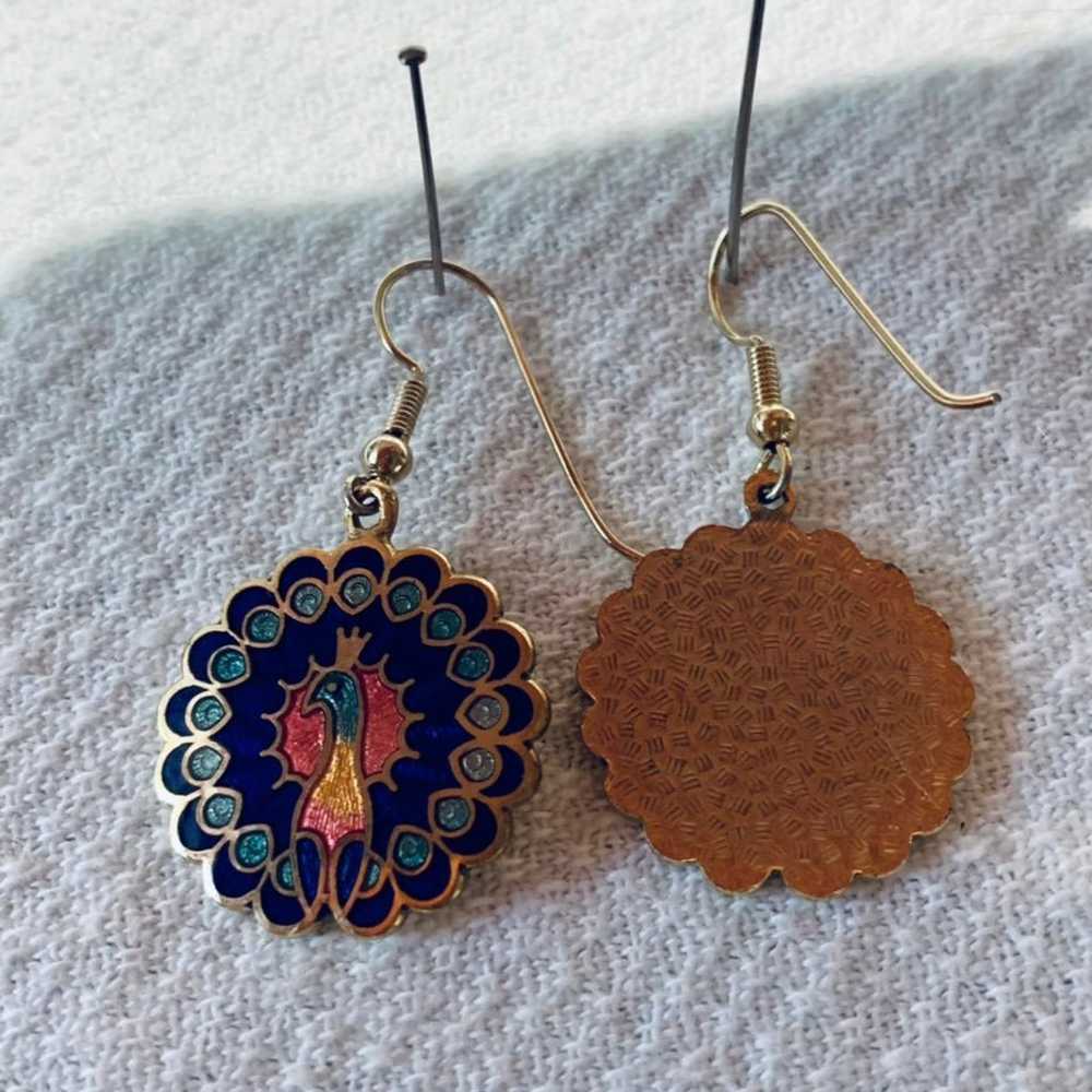 Vintage enamel peacock earrings - image 2