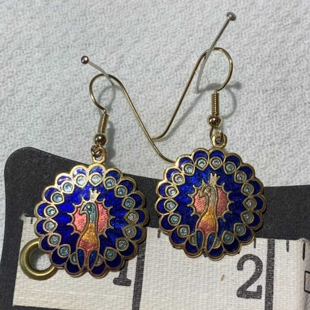 Vintage enamel peacock earrings - image 3