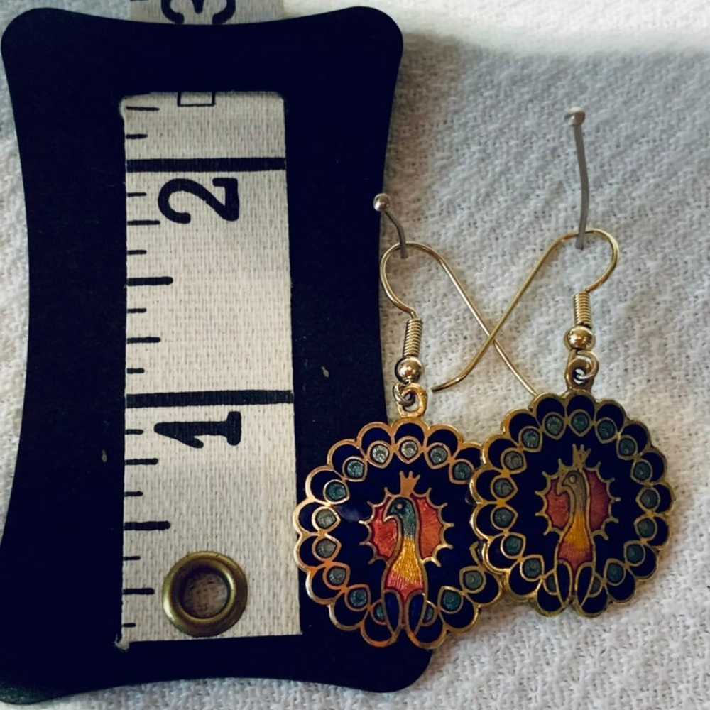 Vintage enamel peacock earrings - image 4