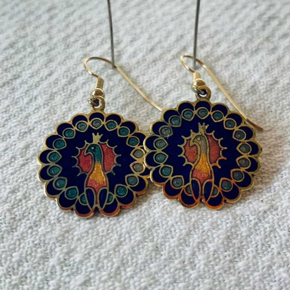 Vintage enamel peacock earrings - image 5