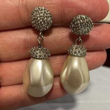 CATHE Earrings Clip On Faux Pearl Drop Silver Spi… - image 1
